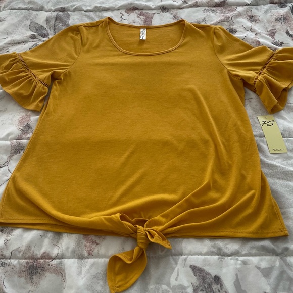 NWT PerSeption Concept mustard yellow bell sleeves front tie blouse, size S boho - Picture 8 of 11